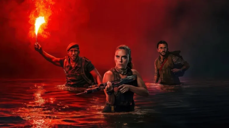 Scarlett Johansson, Mahershala Ali, and Jonathan Bailey wading through red-lit water with weapons and a flare – scene from Jurassic World: Rebirth.