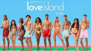 Love Island USA 2025 cast members in swimwear posing against a colorful beach-themed background