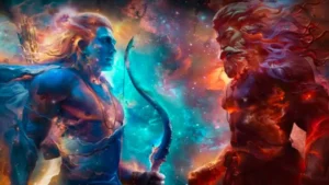 An artistic depiction of two powerful figures, one blue and serene holding a bow, the other red and intense, facing each other against a cosmic, colorful background, representing a conflict from the Ramayana.